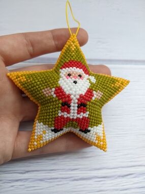 Handmade Green & Red Santa Star Beaded Holiday Ornament